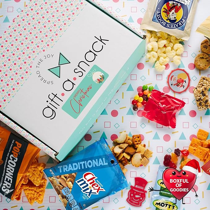 Gift A Snack - Christmas Candy Stocking Stuffers, Pre-filled Holiday Snack Box Care Package + Greeting Card (45 Count) Sweet Treats Gift Basket, Candies Chips Office Food Assortments