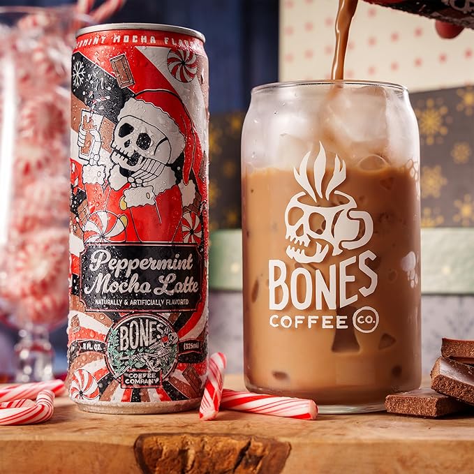 Bones Coffee Company Peppermint Mocha Latte Flavored Coffee, Medium Roast Ready To Drink Iced Coffee in Can, 11 Fl Oz Can (12 Pack)
