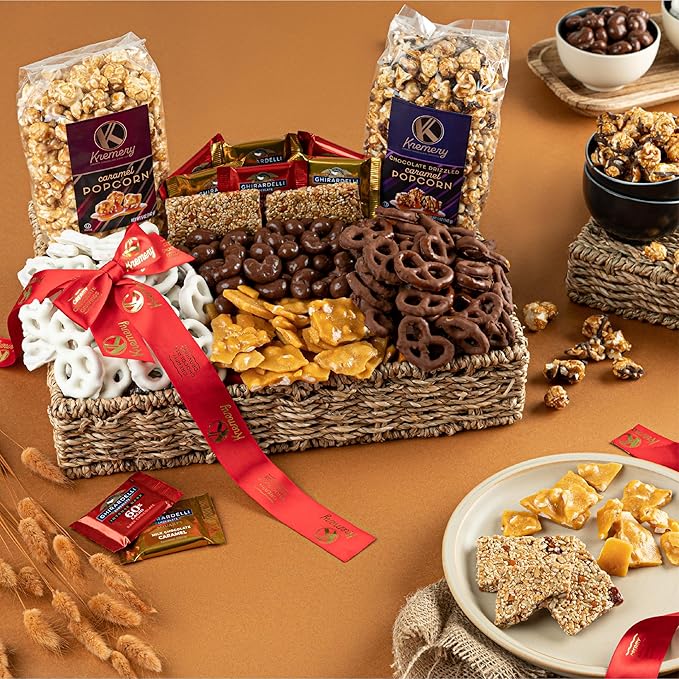 KREMERY Creamy Chocolate Cravings - Valentines Day Chocolate Covered Pretzels & Caramel Popcorn Gift Basket, in Seagrass Tray + Ribbon (Deluxe, 3.5 lbs) Sweet Treats Food Arrangement, Kosher