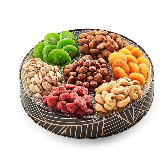 Oh! Nuts 7 Section Dried Fruits and Nuts Gift Basket - Gourmet Assorted Fruit & Nut Gifts Baskets - Healthy Food Round Metal Tin Box - Festive Gifts for Holiday, Birthday, Corporate Women & Men