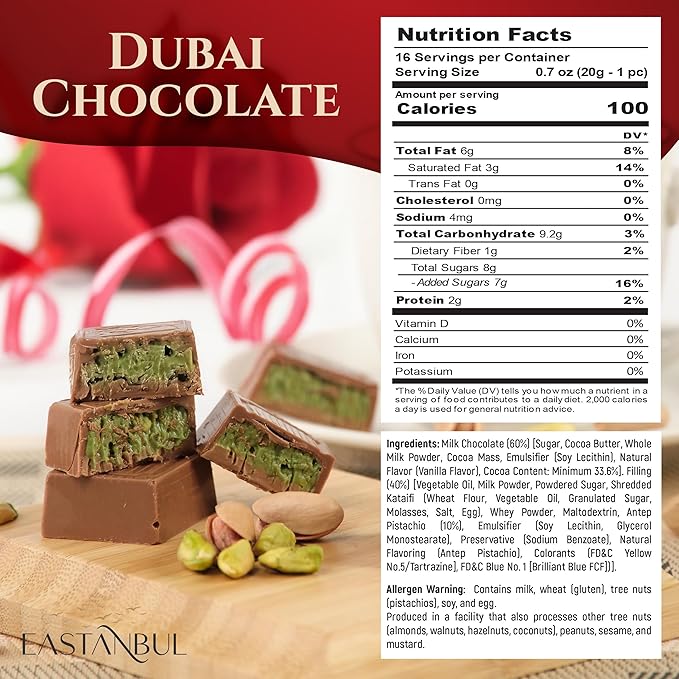 Eastanbul Dubai Chocolate Bar Pistachio, 11.3oz, Premium Pistachio Dubai Chocolate Bar, 16 Pieces Bites with Shredded Phyllo Dough, Knafeh, Viral Candy, Valentines Day Gift