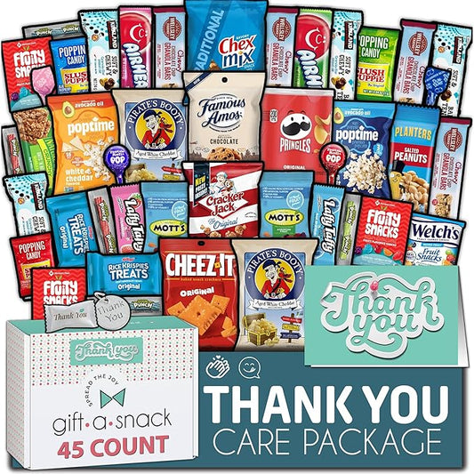 Gift A Snack - Thank You Snack Box Variety Pack Care Package + Greeting Card (45 Count) Appreciation Sweet Treats Gift Basket, Candies Chips Crackers Bars - Office Food Assortments