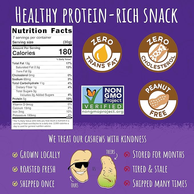 Sunshine Nut Company Whole Roasted Lightly Salted Cashews, Sugar and Spice Flavor, 2 Pack, 7 oz. Each, Gluten Free, Peanut Free and Vegan Individual Snack Packs for Kids and Adults, GMO Free