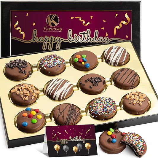 KREMERY Creamy Chocolate Cravings - Birthday Treats, Chocolate Covered Sandwich Cookies & Cream Gift Basket, in Gift Box + Greeting Card (12 Cookies, Assorted Sweet Toppings) Food Assortments USA Made
