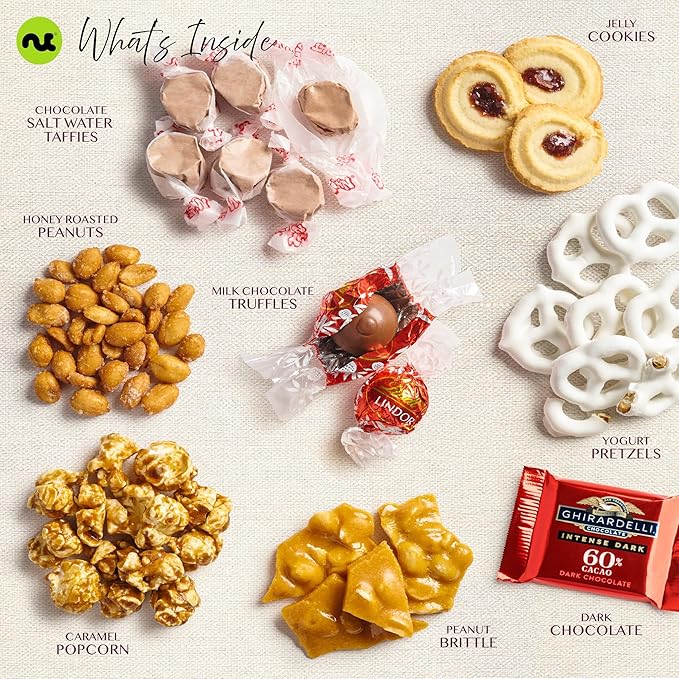 NUT CRAVINGS - Valentines Day Chocolate Covered Pretzels & Caramel Popcorn Gift Basket, Black Tower + Ribbon (8 Assortments) Sweet Treats Food Arrangement, Healthy Snack Care Package, Kosher