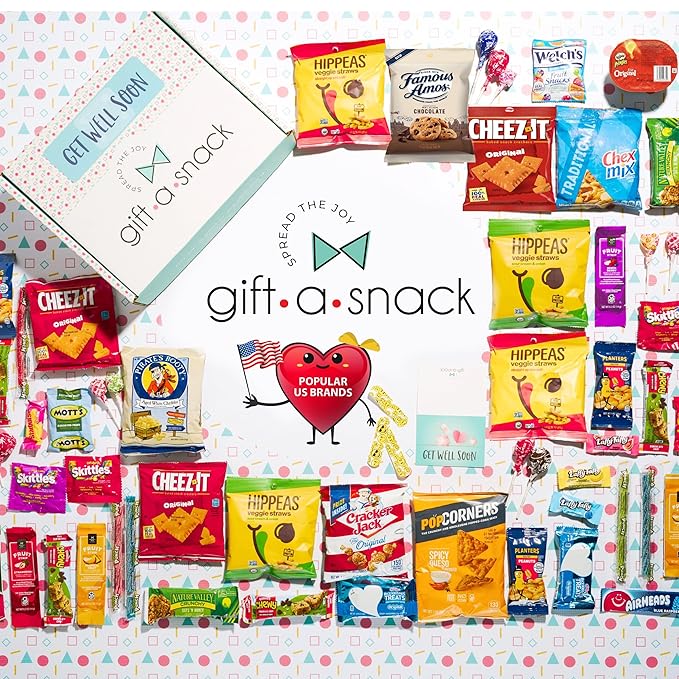 Gift A Snack - Get Well Soon Snack Box Variety Pack Care Package + Greeting Card (45 Count) Feel Better Sweet Treats Gift Basket, Candies Chips Crackers Bars - Office Food Assortments
