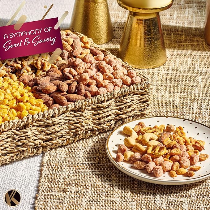 KREMERY Gourmet Nut Gift Basket - Valentines Day Mixed Nuts Gift Basket in Seagrass Tray with Ribbon (8 Assortments) Treats for Adults, Food Arrangement, Healthy Snack Care Package, Kosher