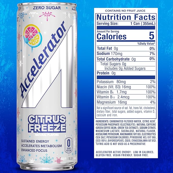 Accelerator Energy Drink, Citrus Freeze 12oz can (12 pack), Zero Sugar, Sustained Energy from 100% Natural Caffeine (200mg from Green Coffee Bean & Green Tea extract)