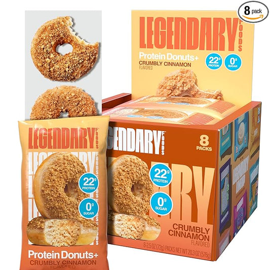 Legendary Foods Protein Donuts - 22g Protein, Crumbly Cinnamon, Zero Sugar Snack, Gluten Conscious, Low Carb, Keto Suitable, Diabetic and GLP-1 Diets - 8 Pack with Two Donuts per pack