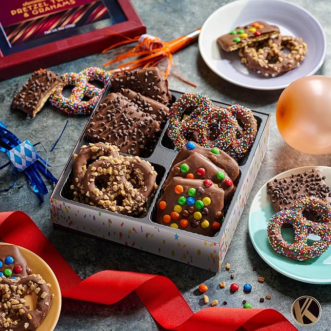 KREMERY Creamy Chocolate Cravings - Valentines Day Chocolate Covered Pretzel Twists & Grahams Cookies Gift Basket, in Confetti Gift Box (12 Count, Assorted Sweet Toppings) Sweet Treats, Kosher