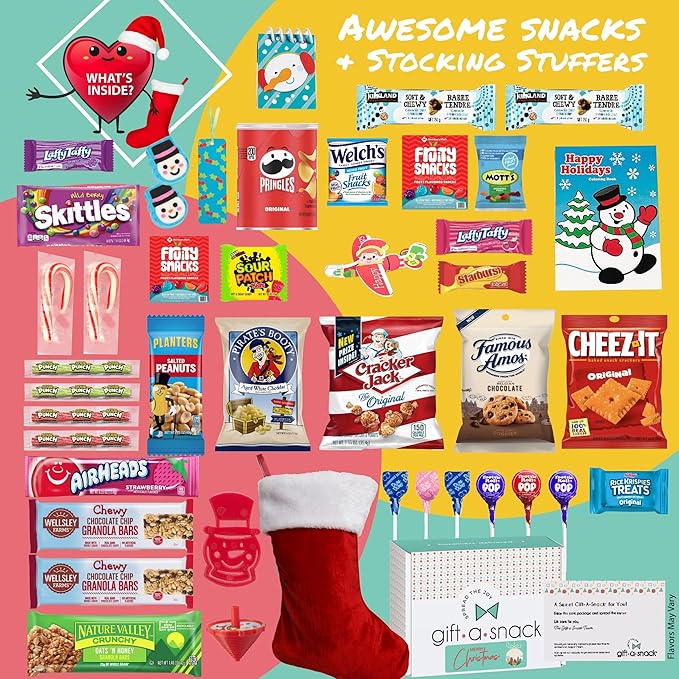 Gift A Snack - Christmas Stocking Stuffed, Pre-filled Holiday Snack Box Care Package + Greeting Card (40 Count) Sweet Treats Gift Basket, Candies Chips Office Food Assortments