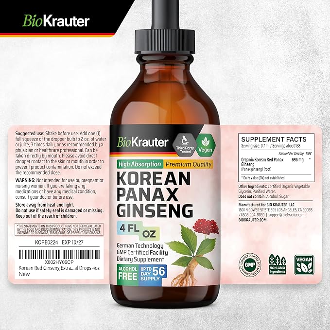 BIO KRAUTER® Ginseng Supplement - Pure Vegan Liquid Drops Korean Red Ginseng 696 mg per Serving 4 Fl.Oz 56-Day Supply - Used for Energy, Focus, Performance & Immune Support - Alcohol & Sugar Free