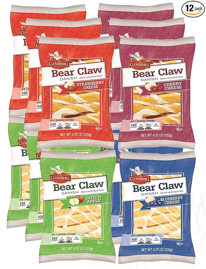 Cloverhill Danish Fruit Pastry Variety Pack | Strawberry, Cherry, Blueberry and Apple Bear Claws | Pack of 12