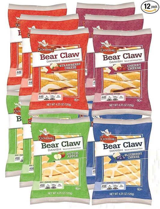 Cloverhill Danish Fruit Pastry Variety Pack | Strawberry, Cherry, Blueberry and Apple Bear Claws | Pack of 12