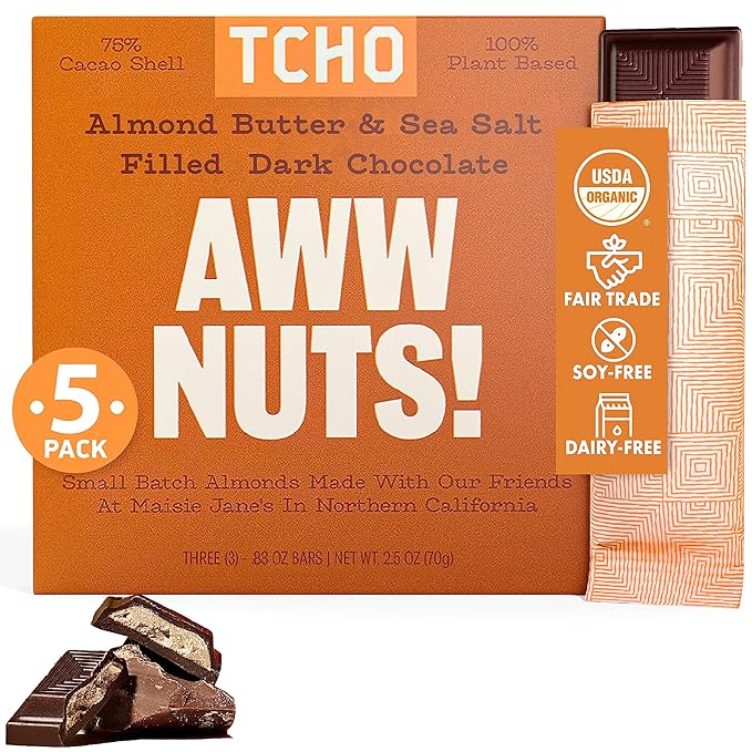 TCHO Aww Nuts! Dark Chocolate Bars (5 pack) | Single Origin, Plant Based, Organic & Fair Trade, | Non GMO, Non-Dairy, Vegan, Soy Free (2.5oz each)