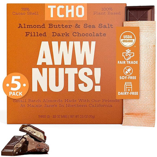 TCHO Aww Nuts! Dark Chocolate Bars (5 pack) | Single Origin, Plant Based, Organic & Fair Trade, | Non GMO, Non-Dairy, Vegan, Soy Free (2.5oz each)