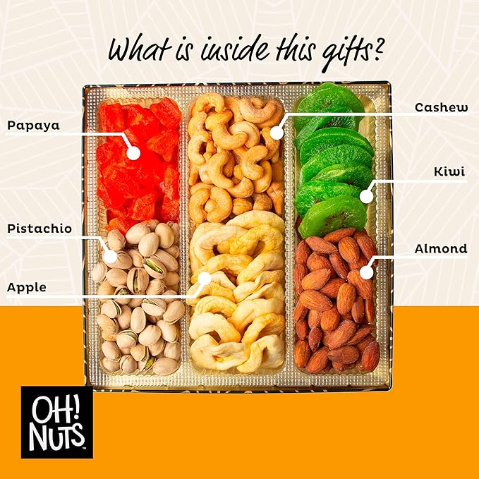 Oh! Nuts 6 Section Dried Fruits and Nuts Gift Basket - Gourmet Assorted Fruit & Nut Gifts Baskets - Healthy Food Square Metal Tin Box - Festive Gifts for Holiday, Birthday, Corporate Women & Men