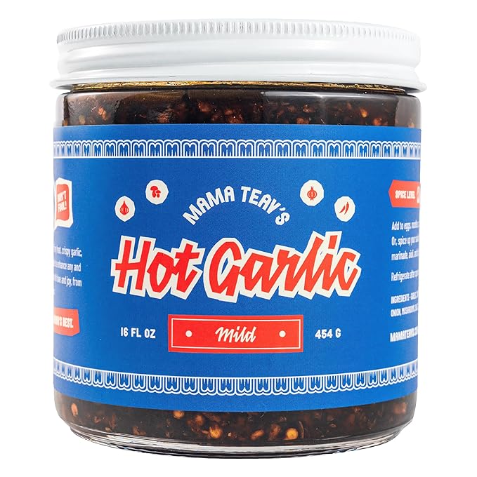 Mama Teav's Mild Garlic Chili Crisp - Mild, Crunchy, Umami Chili Oil with Garlic & Cambodian Chilis - Vegan, Gluten-Free, All-Natural - Cold-Pressed Grapeseed Oil - 16oz Jar