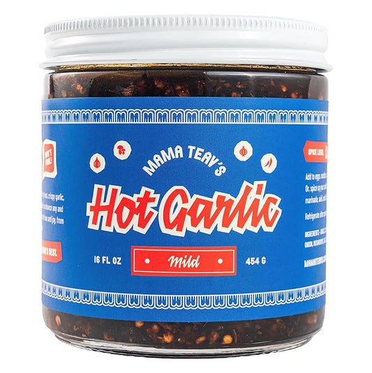 Mama Teav's Mild Garlic Chili Crisp - Mild, Crunchy, Umami Chili Oil with Garlic & Cambodian Chilis - Vegan, Gluten-Free, All-Natural - Cold-Pressed Grapeseed Oil - 16oz Jar