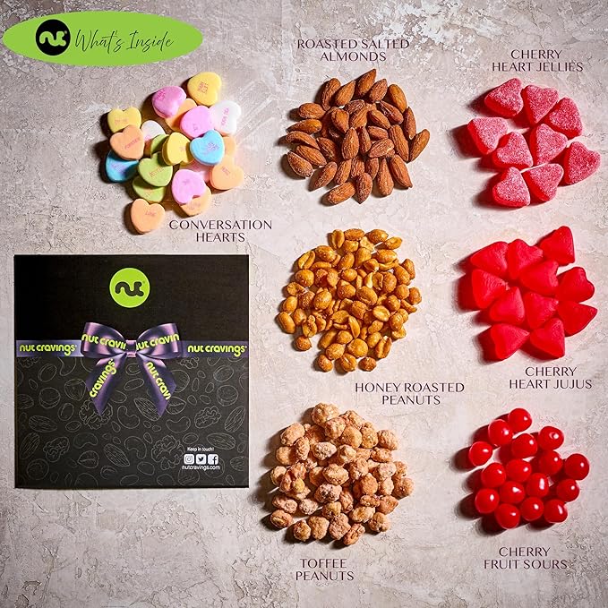 NUT CRAVINGS - Valentines Day Mixed Nuts & Heart Candy Gift Basket in Red Gold Box (7 Assortments, 1 LB) Treats for Adults, Food Arrangement, Healthy Snack Care Package, Kosher