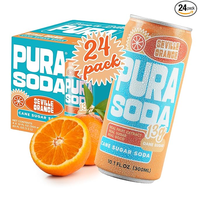 PuraSoda® Seville Orange | Low-Calorie, Cane Sugar Soda, Beverage | Non-GMO, Vegan | Made with Pure Cane Sugar, Clean & Refreshing | 10.1 fl oz (300ml) Cans, Pack of 24
