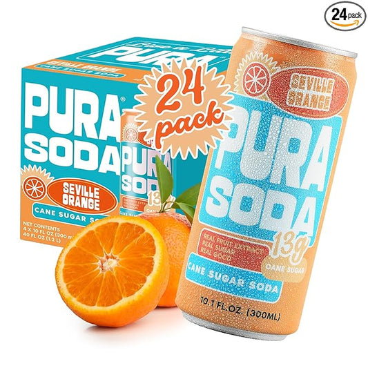 PuraSoda® Seville Orange | Low-Calorie, Cane Sugar Soda, Beverage | Non-GMO, Vegan | Made with Pure Cane Sugar, Clean & Refreshing | 10.1 fl oz (300ml) Cans, Pack of 24