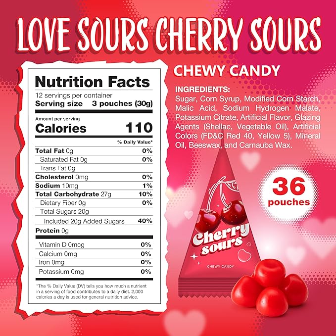 Cherry Sours Individual Pouches | 36 Count | Sour Cherry Balls in Mini Triangle Packs for Valentine Candy Bowls | Old Fashioned Chewy Candy for Office, Classrooms & Party Favors