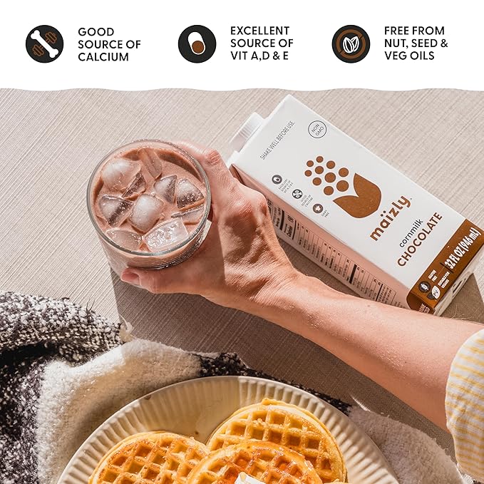 Maizly 32 fl oz | Non‑GMO Corn Milk Alternative | Allergen‑Free, Seed‑Oil‑Free, Smooth & Neutral Flavor | Excellent Source of Fiber & Vitamins A, D, E, and a Good Source of Calcium | Great for Homes, Cafés & Daily Use (32 Fl OZ (Pack of 6), Maizly Choc...