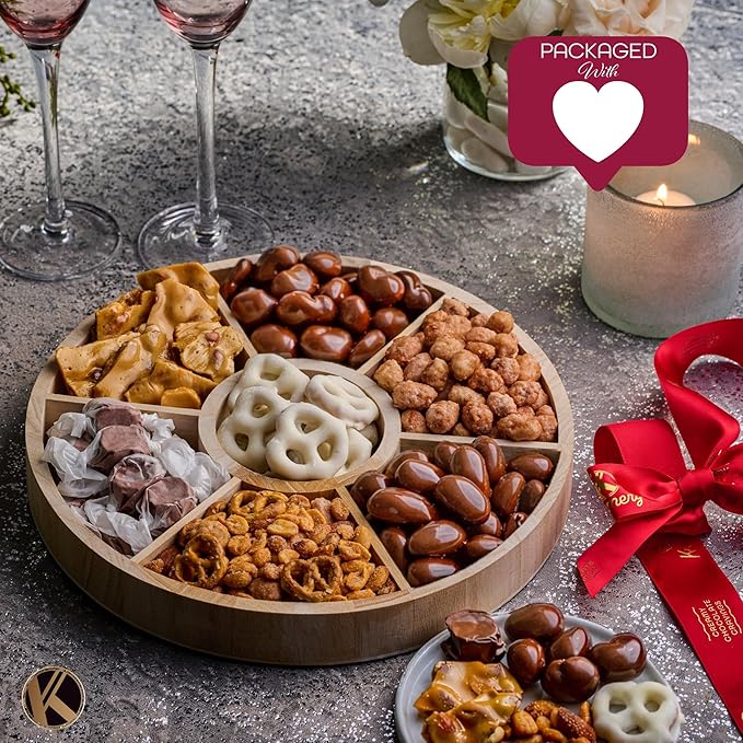 KREMERY Creamy Chocolate Cravings - Valentines Day Chocolate Covered Pretzels & Nuts Gift Basket, in Reusable Round Wooden Tray + Ribbon (7 Assortments) Sweet Treats, Kosher