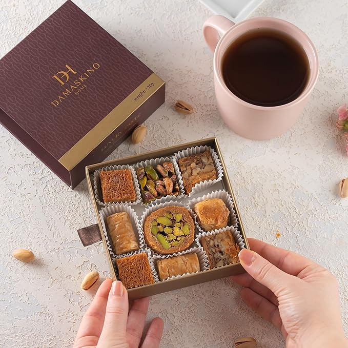 Damaskino Home Assorted Baklava Gift Box 4.5oz – 9 Pieces Turkish Baklava Pastry Dessert – Traditional Middle Eastern Sweets Made with Premium Pistachios, Cashews & Walnuts - Arabic Dessert Food Gifts - Dulces Arabes