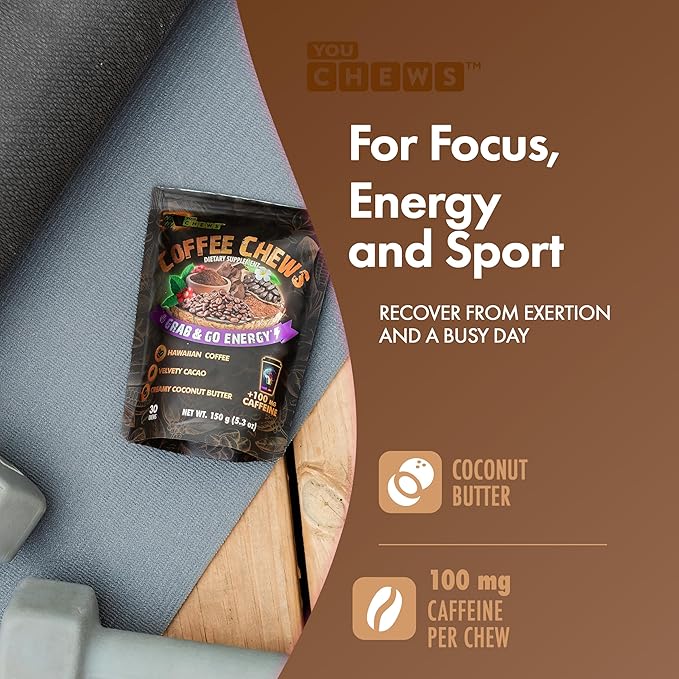 YouChews Coffee Chews - Grab & Go Energy with 100mg per Chew of Clean, Green Caffeine. With Real Organic Ingredients, Low Sugar, Great Bold Taste & Long Lasting Energy Boost (Pack of 2)