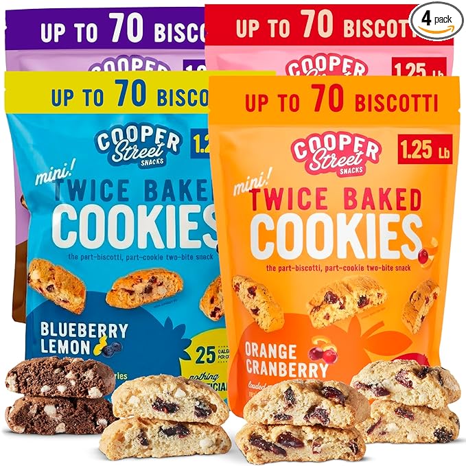 Cooper Street Twice Baked Biscotti Cookies Variety Pack - 1.25 Pounds Per Bag (4 Pack) - Gourmet Cookies Ideal With Coffee Or Tea | Peanut and Dairy Free Low Sodium Breakfast or On-The-Go Snack