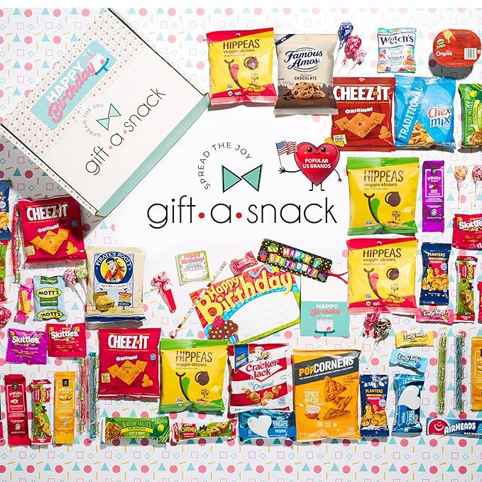 Gift A Snack - Happy Birthday Snack Box Variety Pack Care Package + Greeting Card (45 Count) Bday Sweet Treats Gift Basket, Candies Chips Crackers Bars - Office Food Assortments