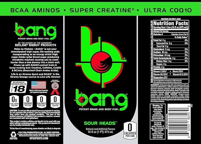 Bang Energy Sour Heads, Sugar-Free Energy Drink, 16-Ounce | Pack of 12