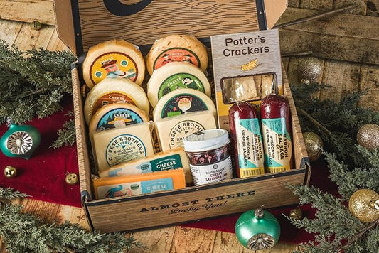 Cheese Bros. Deluxe "Best Gifts are Cheesy" Gift Box | Fresh from Wisconsin | Includes Goudas, Dill Havarti, Italian Fratello, Aged Cheddar, Jam, Summer Sausage | Gfiting for Christmas and Hannukah