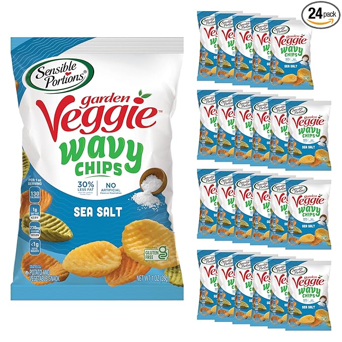 Sensible Portions Garden Veggie Wavy Chips, Sea Salt, Snack Size, 1 Oz (Pack of 24)