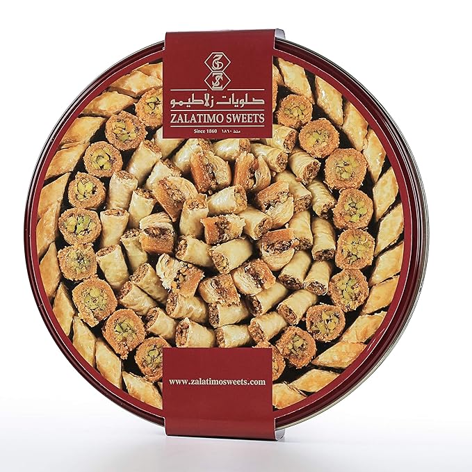 Zalatimo Sweets Middle Eastern Baklava Assortment with Pistachio, Walnut & Cashew, 2.2 lb Tin