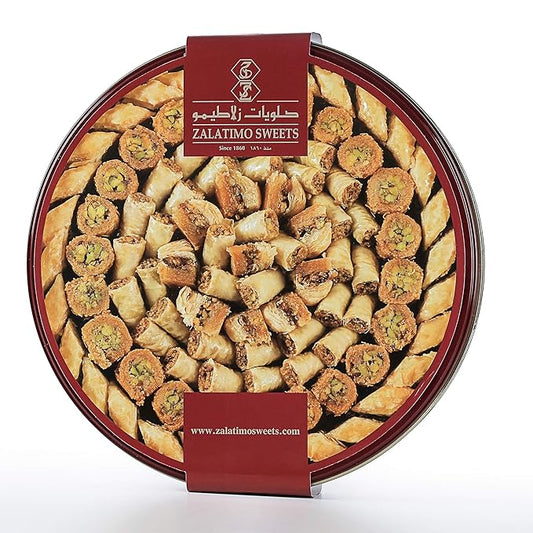 Zalatimo Sweets Middle Eastern Baklava Assortment with Pistachio, Walnut & Cashew, 2.2 lb Tin