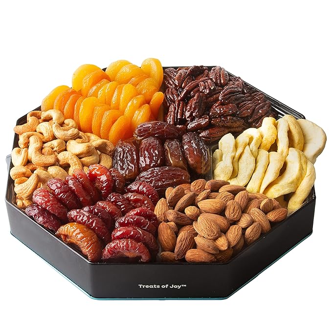 Oh! Nuts 7 Section Dried Fruits and Nuts Gift Basket - Gourmet Assorted Fruit & Nut Gifts Baskets - Healthy Food Hexagon Metal Tin Box - Festive Gifts for Holiday, Birthday, Corporate Women & Men
