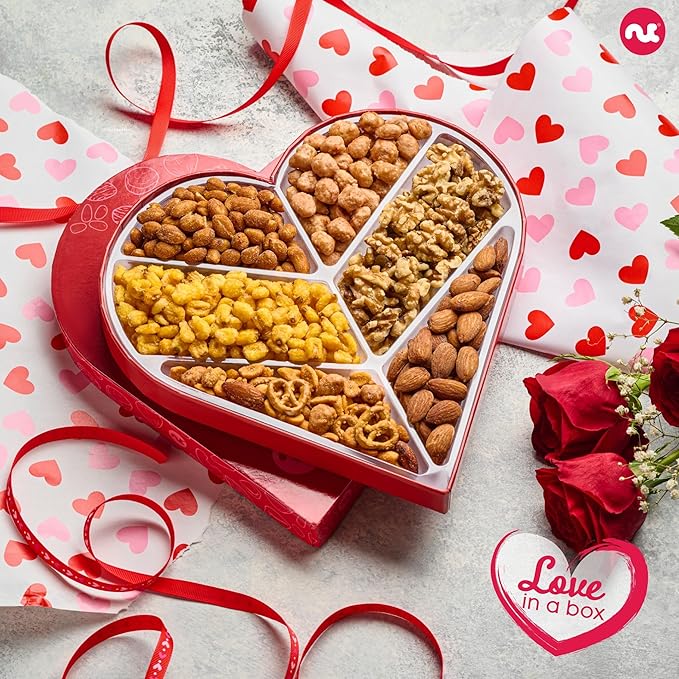 NUT CRAVINGS - Valentines Day Mixed Nuts Heart Shaped Gift Basket, Love in A Box (6 Assortments) Romantic Food Arrangement, Healthy Snack Care Package, Food Assortments