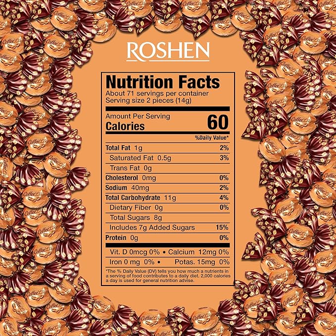 Roshen Coffeelike Caramel Candy, Coffee-Milky Filled, 2.2 lb (1kg) Bulk Pack, Soft Caramel with Natural Coffee Extract, Smooth Shell & Creamy Dairy Filling, Individually Wrapped Candies, Kosher, Halal