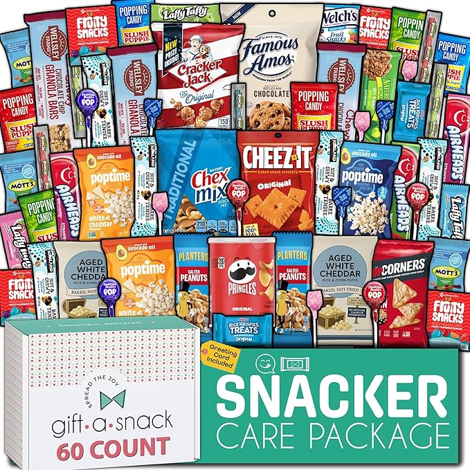 Gift A Snack - Valentines Day Snack Box Variety Pack Care Package + Greeting Card (60 Count) Birthday Sweet Treats Gift Basket, Candies Chips Crackers Bars Office Food Assortments & Variety Gifts