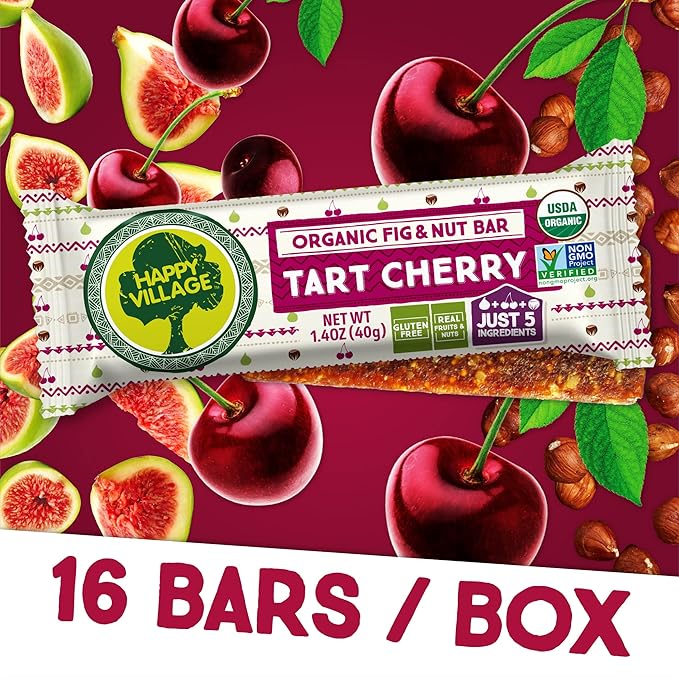 Happy Village Organic Fruit & Nut Bar, TART CHERRY | Gluten Free, No Refined Sugar, Kosher, Non-GMO, Vegan, Good Source of Fiber | Organic Healthy Snack Bars (16 bars, 1.4 OZ each)