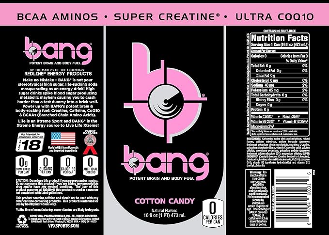 Bang Energy Cotton Candy, Sugar-Free Energy Drink, 16-Ounce | Pack of 12