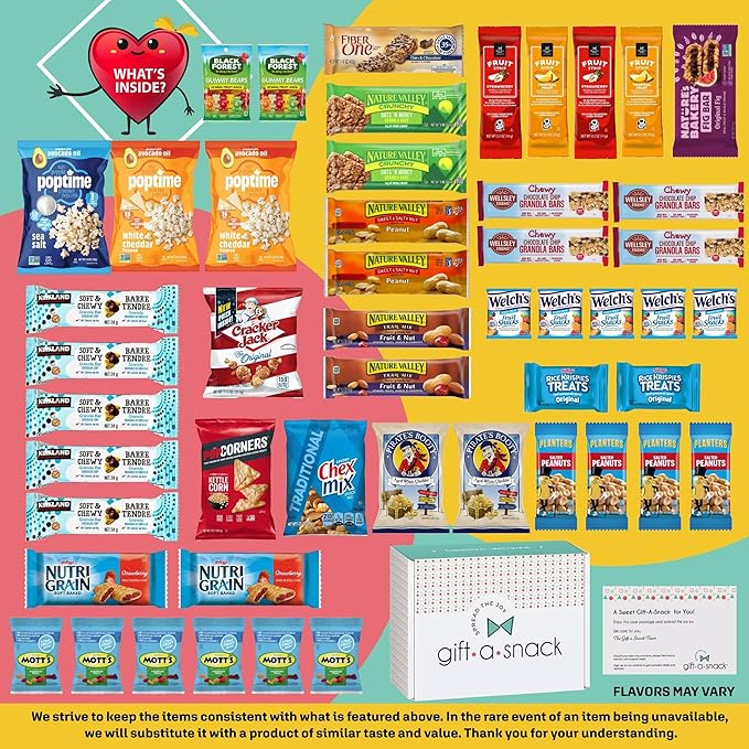 Gift A Snack - Valentines Day Healthy Snack Box Care Package + Greeting Card (50 Count) Birthday Treats Gift Basket, Nutritious Granola Breakfast Bars Office Food Assortments & Variety Gifts