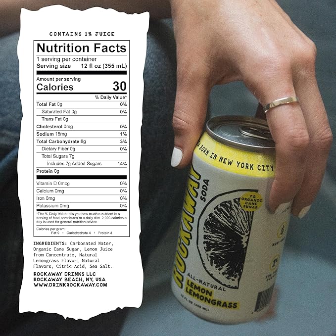 ROCKAWAY Lemon Lemongrass Soda Drinks - Low calorie drinks made from Real Fruit Juice, All Natural - Soda Pop Drinks Gluten Free, Vegan, GMO Free - 12oz (12 Pack)