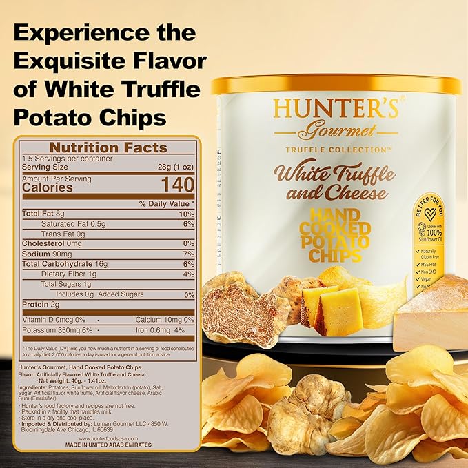 Hunter's Gourmet Chips | Healthy & Cholesterol Free | Halal | Made in a Nut-Free Facility | MSG & Preservative Free | White Truffle & Cheese | Gourmet Cheese Crisps | Pack of 8 | 40g