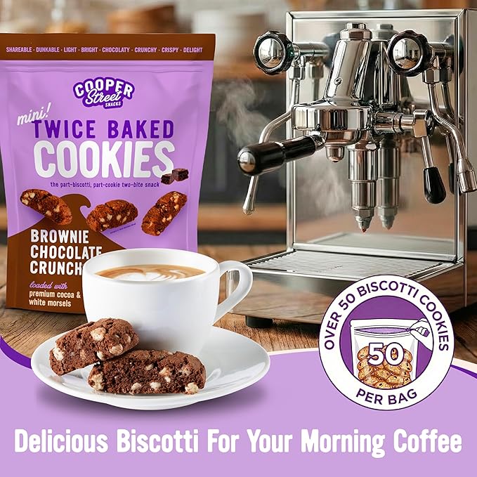 Cooper Street Twice-Baked Brownie Chocolate Biscotti Cookies (16 oz) - Over 50 Two-Bite Mini Italian Style Biscotti Snacks - Dairy-Free, Peanut Free, Kosher, Low-Calorie, Perfect with Coffee or Tea