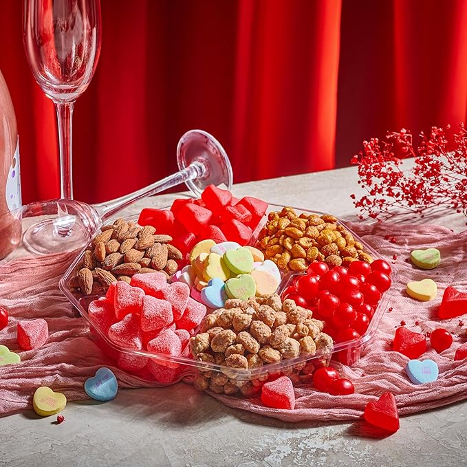 NUT CRAVINGS - Valentines Day Mixed Nuts & Heart Candy Gift Basket in Red Gold Box (7 Assortments, 1 LB) Treats for Adults, Food Arrangement, Healthy Snack Care Package, Kosher