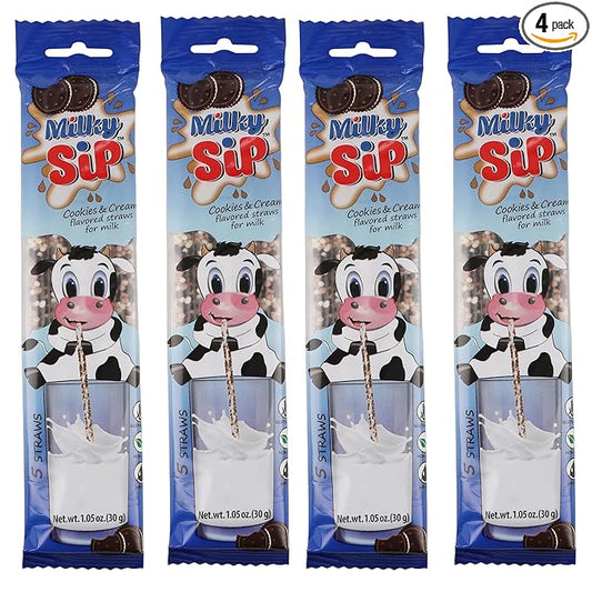 20 Milky Sip Cookies and Cream Flavored Straws For Milk - 4 Packs of Milk Flavoring Straws, 5 Straws in Each. Magical Cookies and Cream Flavor Makes Children Eager, Want and Love to Drink Milk